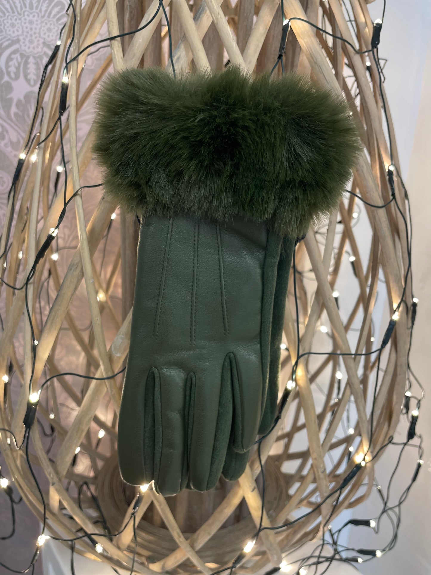 Green Leather Glove with Fur Detail