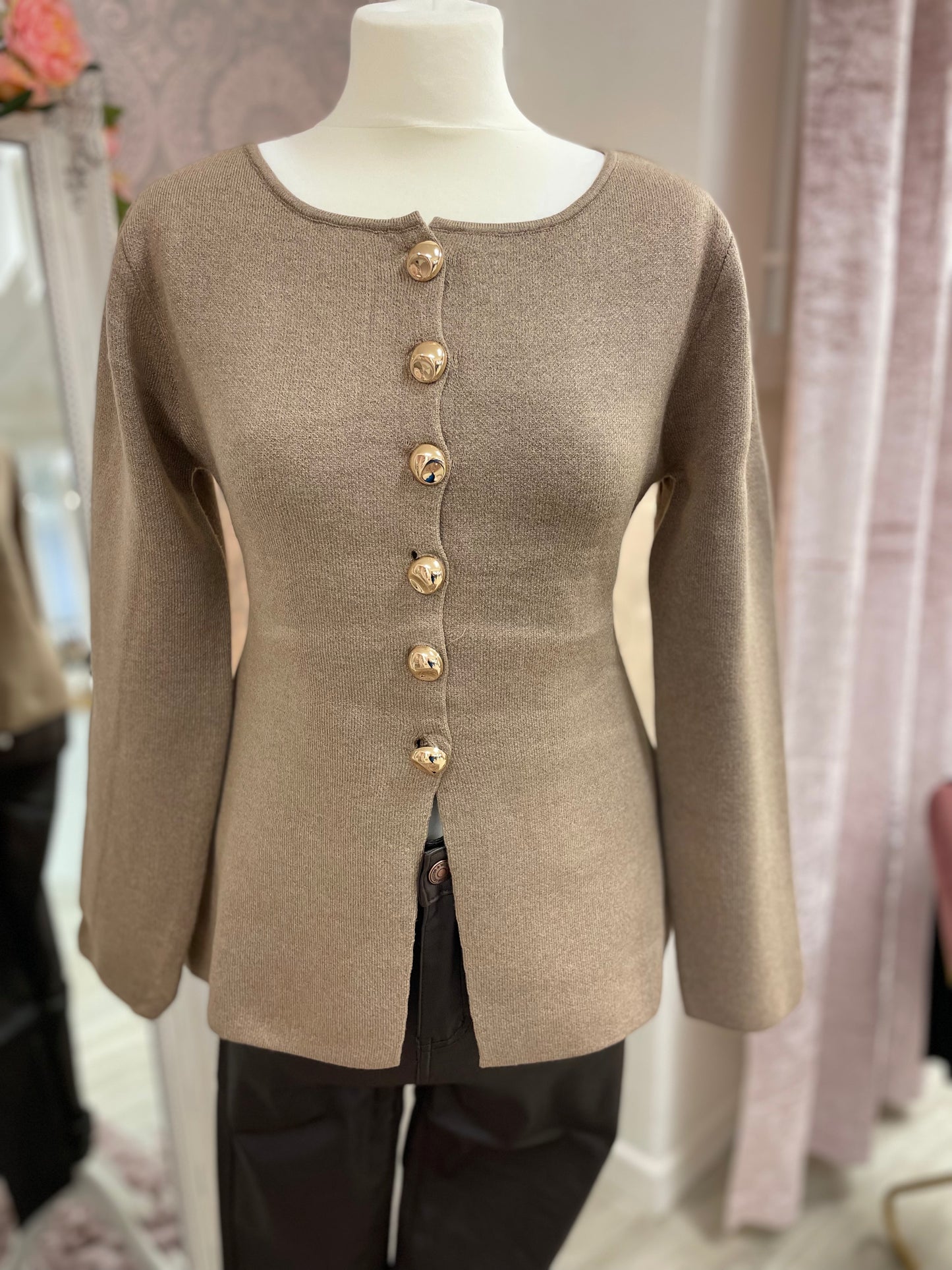 Kilky Taupe Gold Button Top