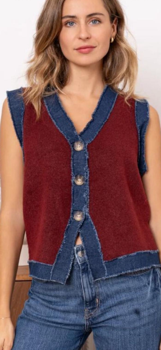 Burgandy and Denim Waistcoat