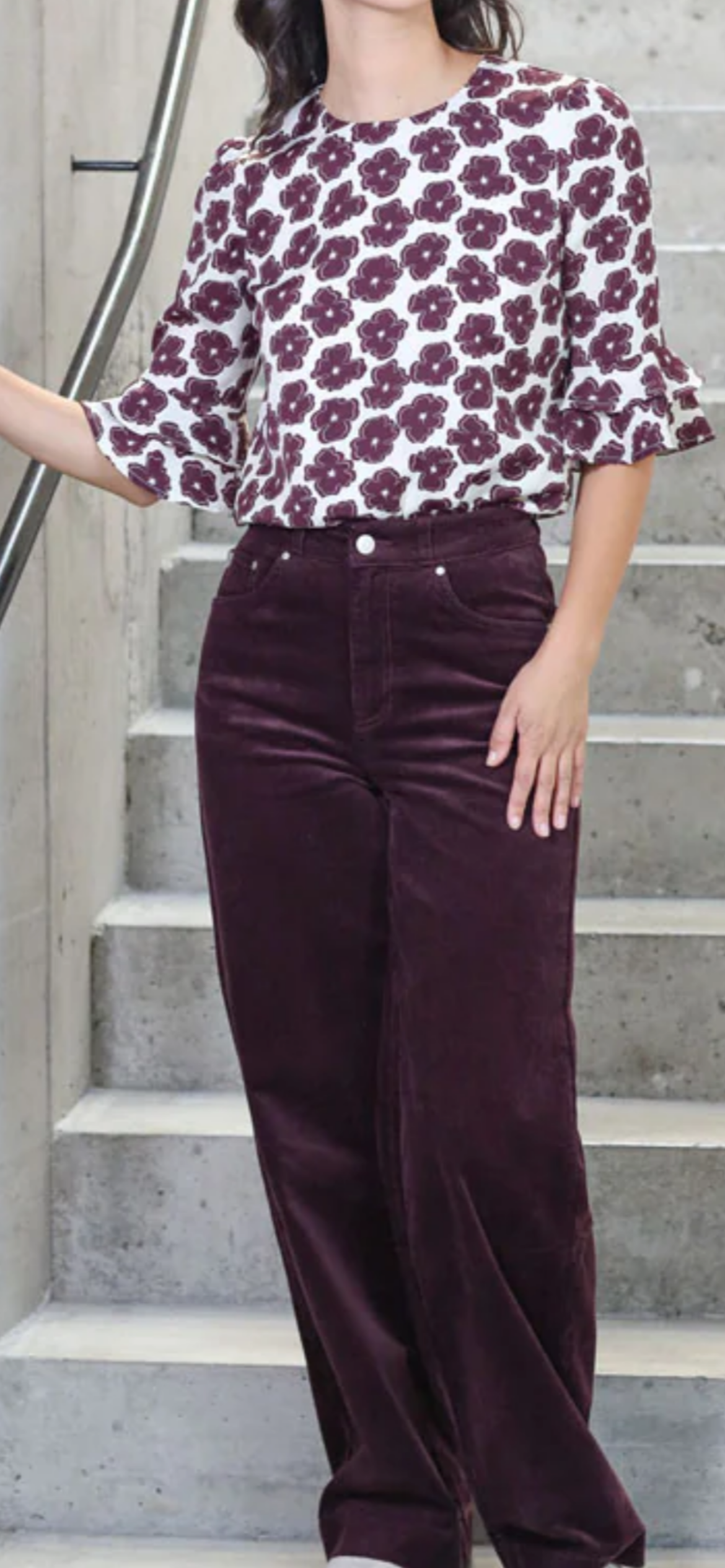 Jacinda Wide leg Cord Trousers in burgandy