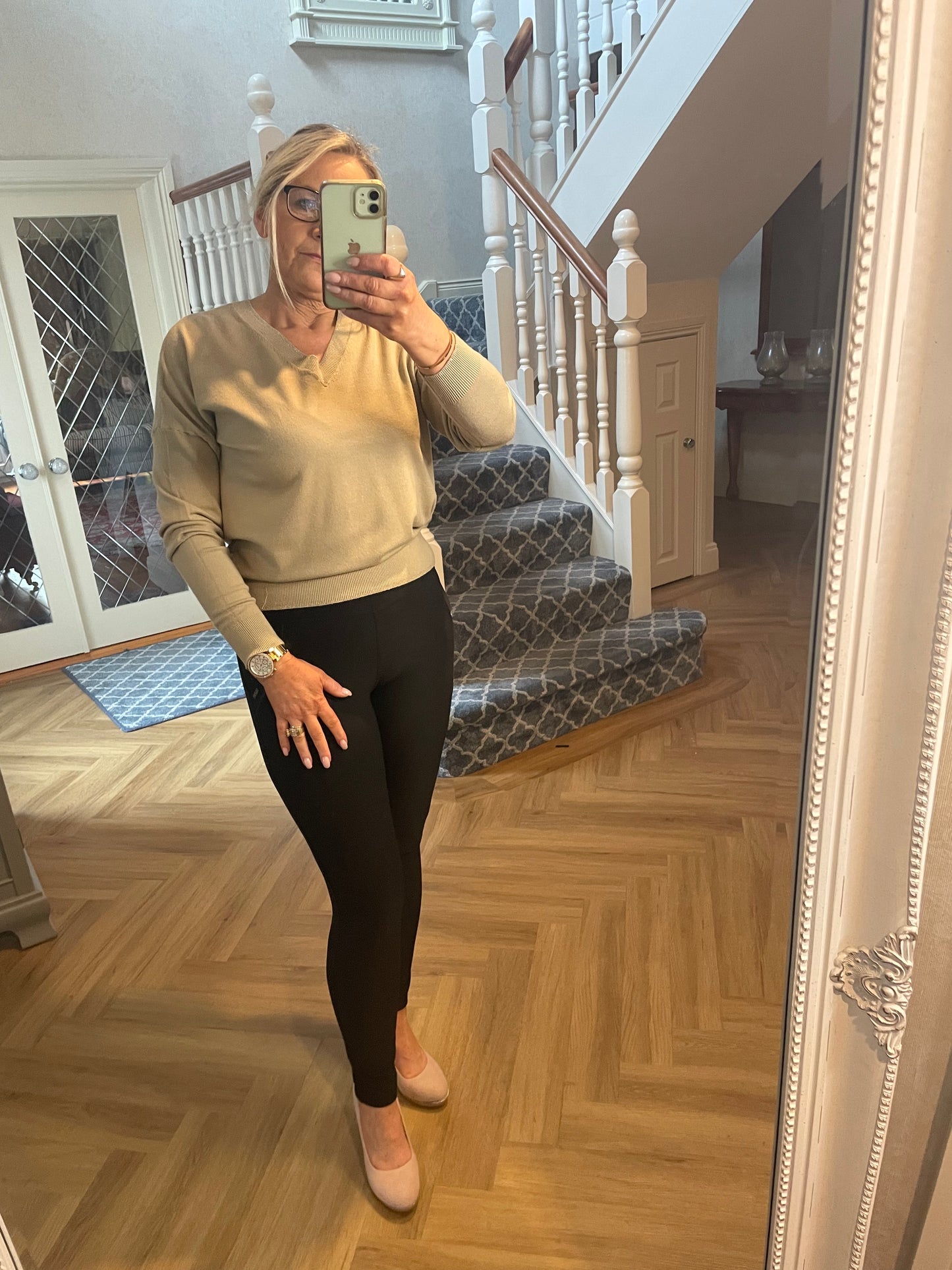 Tan Bluoltre soft knit v neck jumper