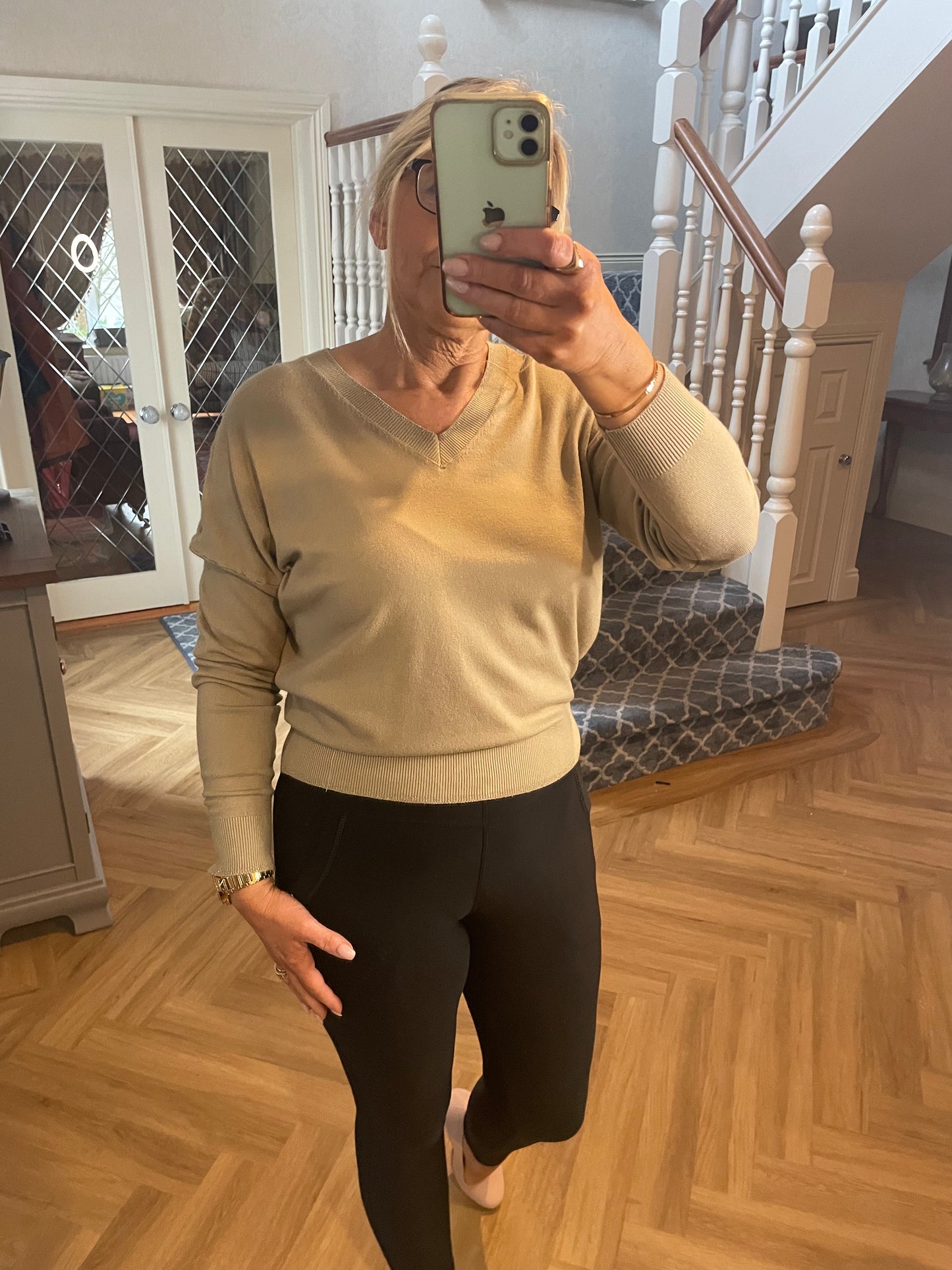 Tan Bluoltre soft knit v neck jumper